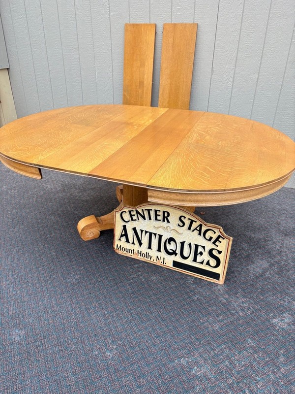 67359 Antique Round Oak Dining Table with Pedestal Base and 4- 12'" Wide Leaves gallery