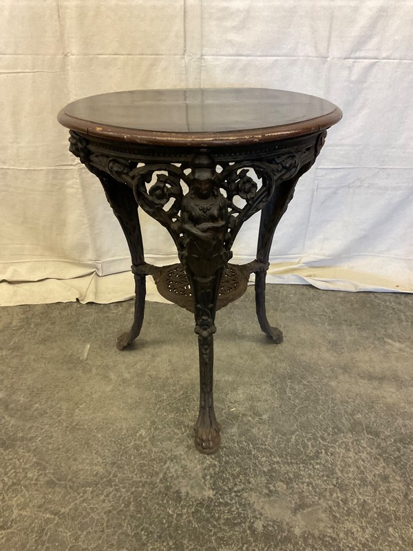 Antique R H Connor Cast Iron Pub Table w/Wooden Mahogany Top