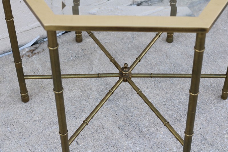 Authentic Pair Vintage Mastercraft Faux Bamboo Hexagonal Brass End Accent Tables gallery