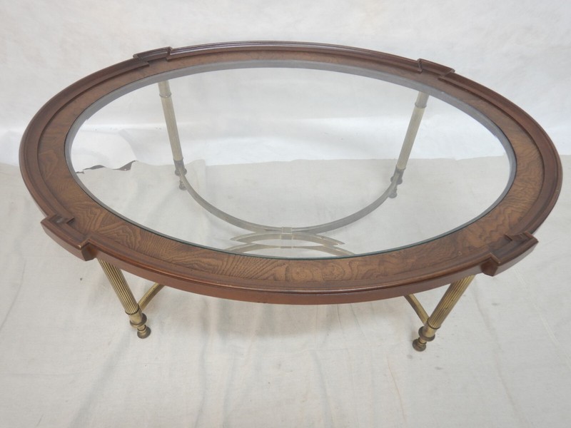Mid Century Coffee Table by Brandt Beveled Glass & wood with Brass Column legs gallery