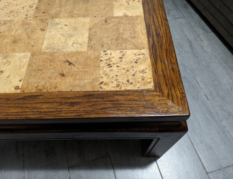 Vintage Asian Ming Style Solid Wood Coffee Table Inlaid Burl Mosaic Parquet Top gallery