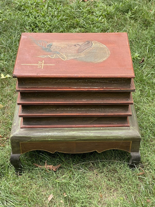 Antique Hand Painted Faux Book End Table Chest 21” H 22 3/8” L