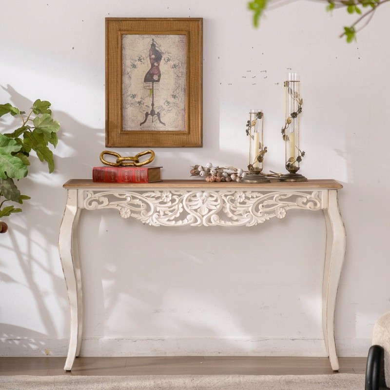 43.31″ French Carved Console Table Antique White Wood for Hallway/Living Room US