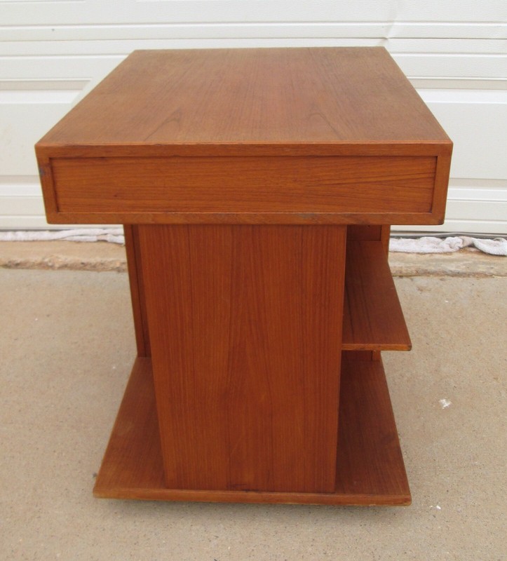 Vintage Danish Modern Teak Side End Table Drawer Shelves Casters 24-1/2in T gallery