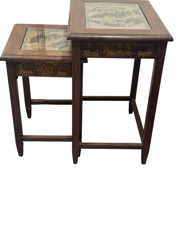 Vintage 1960s Asian Carved Nesting Tables Side Coffee Decor Table Set of 2 gallery