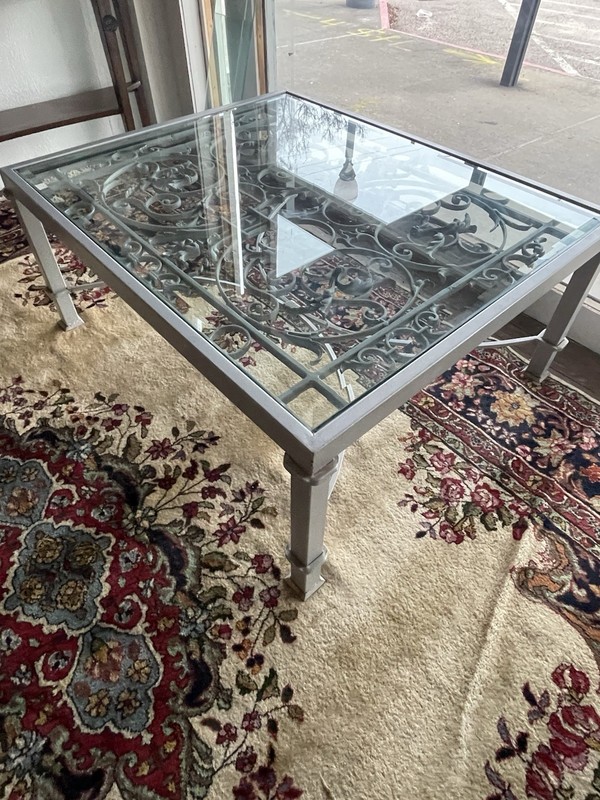 19th Century Style Wrought Iron Coffee Table with Beavled Glass Top