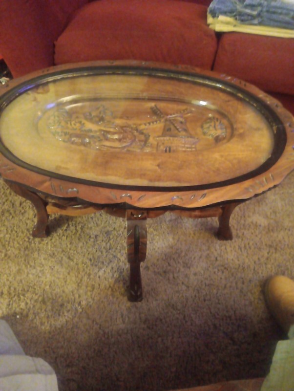 Carved Walnut Coffee Table with Glass Serving Tray (CT-137)