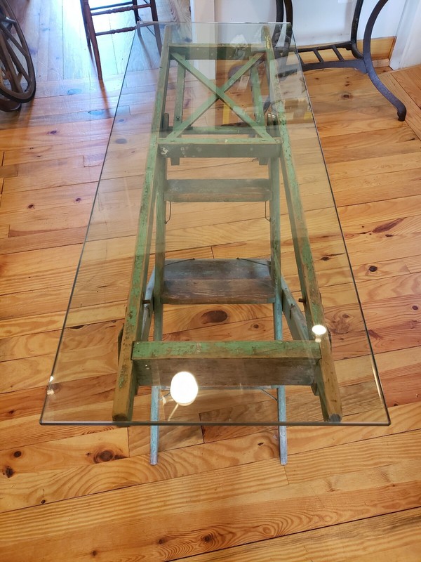 Vintage Industrial Table Workbench Kitchen Island W/VTG folding ladder base gallery