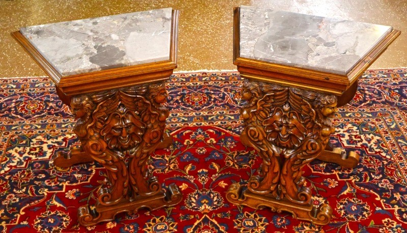 19th Century Walnut Figural Renaissance Revival Italian Marble Top End Tables
