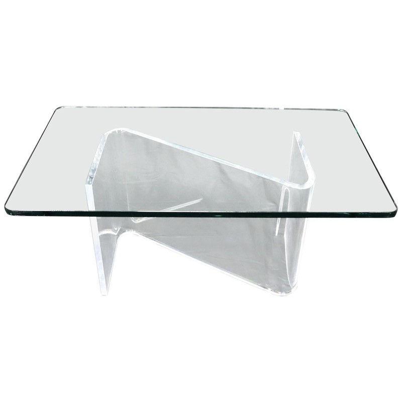 Bent Lucite Z-Shape Base Thick Glass Top Coffee Table