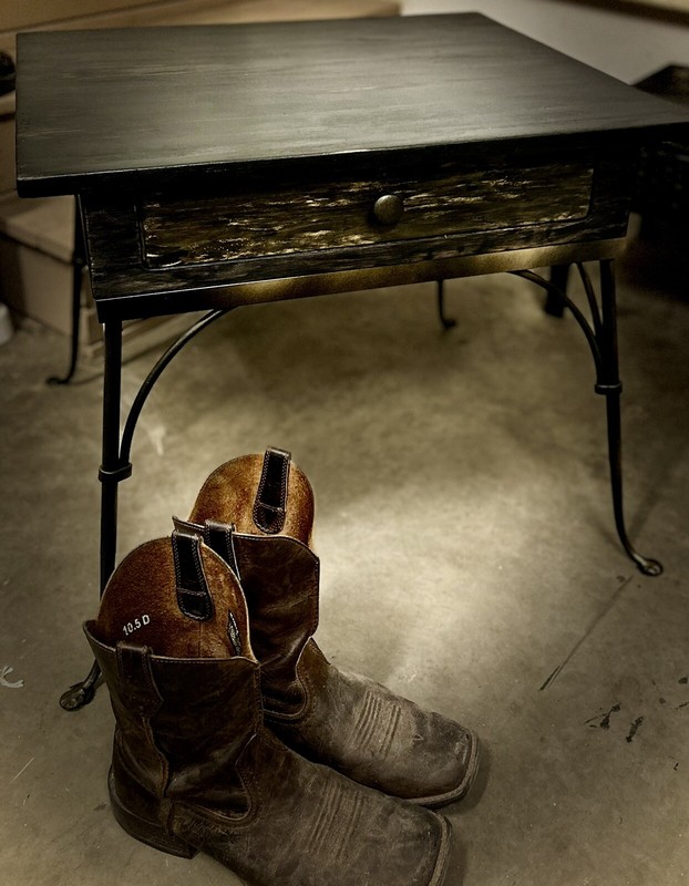 Refurbished Antique Side Table With Drawer And Cast Iron Legs gallery