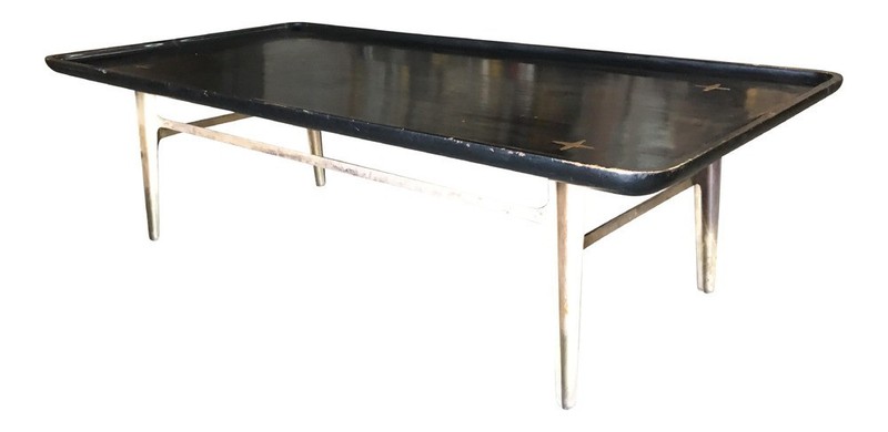 Mid Century Black Lacquer & Brass Coffee Table by Edmond J. Spence