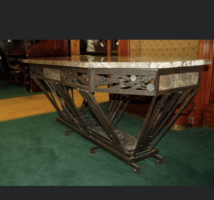 Edgar Brandt attr. 6.5' large Art Deco center table w marble top c 1925 gallery
