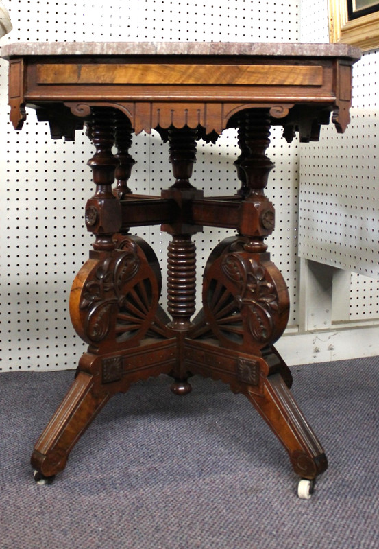 Eastlake Marble Top Table Walnut + Burl. Geometric + Foliate + Fan Carvings 1887 gallery