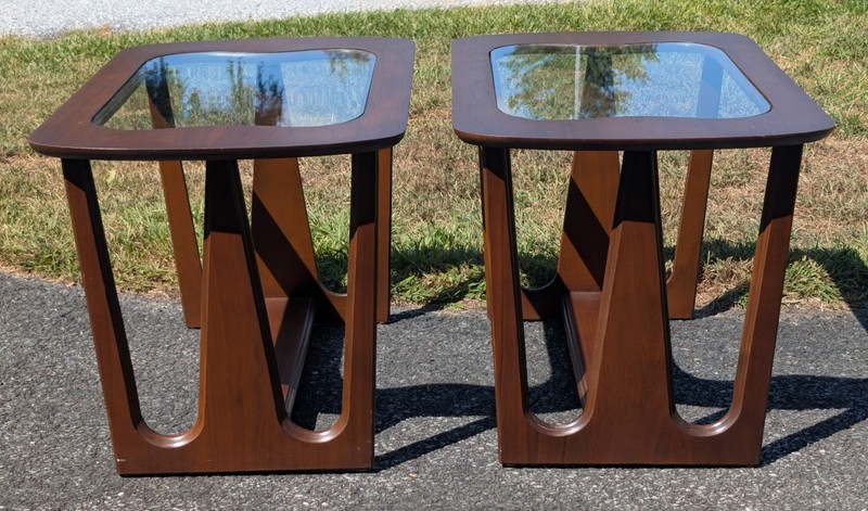 Mid Century Modern Bassett End Side Tables Walnut Arch Design Vintage