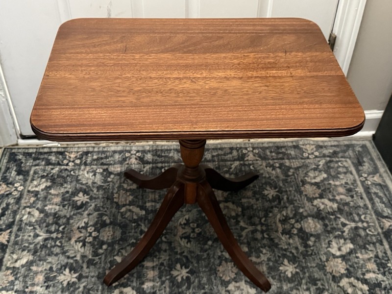 Vintage Wooden Rectangular Parlor Side Table W/ Turned Column Pedestal Base MCM gallery