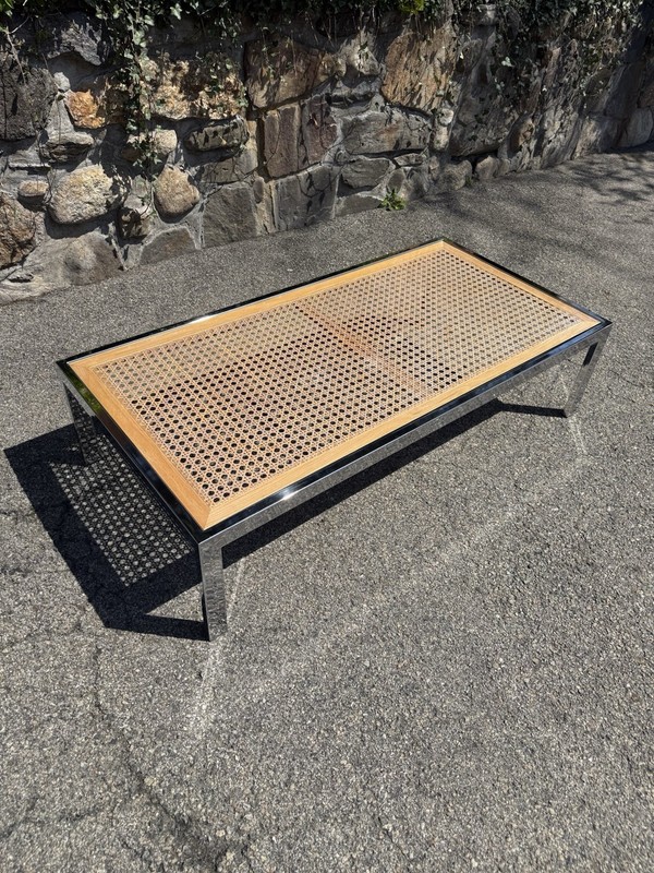 Vintage Chrome Cane Glass Coffee Table (c. 1970s)