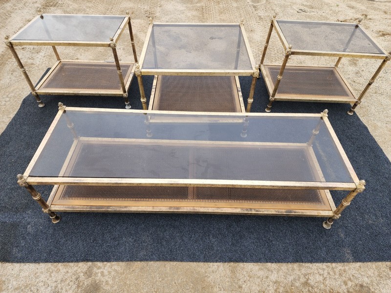 Maison Jansen Style Gilt Brass Iron Smoked Glass &Wicker Coffee Side 4-Table Set gallery