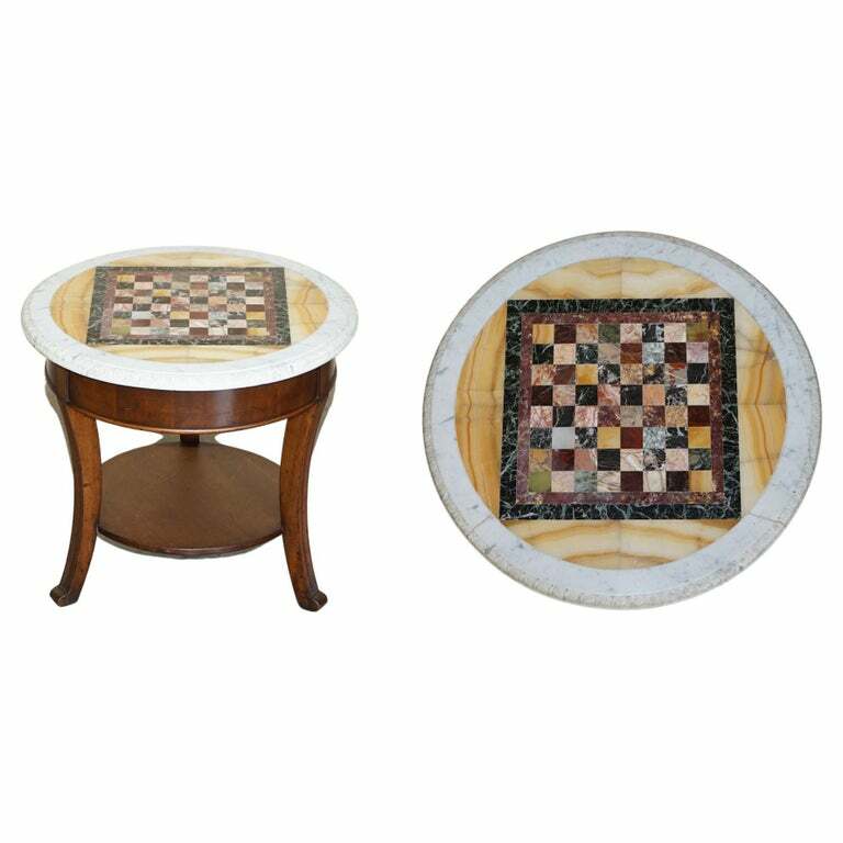 ANTIQUE ITALIAN CIRCA 1880 PIETRA DURA MARBLE CHESS TABLE ORNATE MAHOGANY BASE