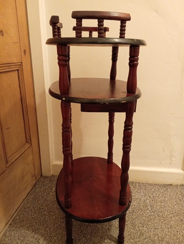 Vintage 19th Century Renaissance Style Wooden Etagere Table With 3 shelf drawer gallery