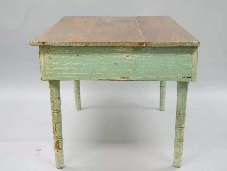American Primitive Blue Green Distress Painted Rustic Barn Wood Farm Work Table gallery
