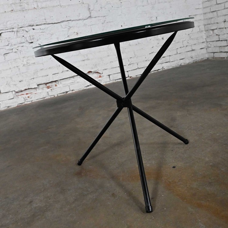 MCM Round Metal Outdoor Black Painted Tripod Accent Table with Glass Top gallery