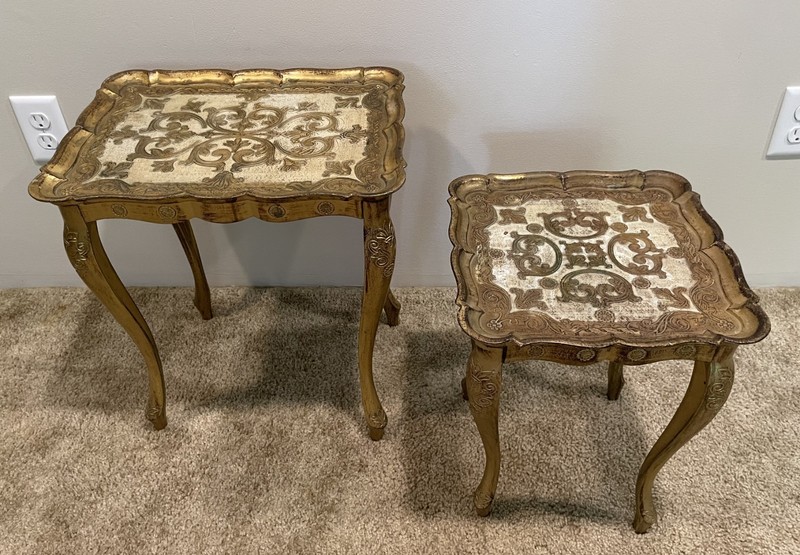 Set Vtg MCM Italian Florentine Hollywood Regency Glam Gold Nesting Side Tables gallery