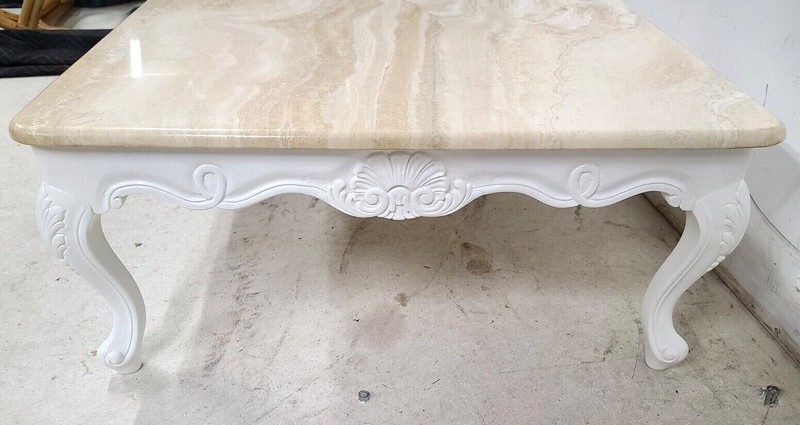 French Provincial Travertine Marble & Wood Cocktail Coffee Table gallery