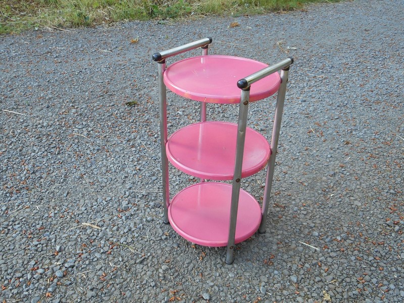 Mid Century Modern Pink & Chrome Serving Bar Cart Trolley 3 Tier Round Trays gallery