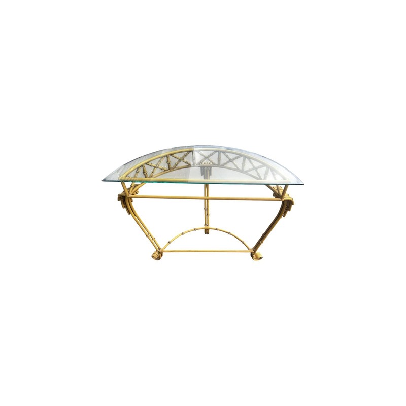 Hollywood Regency Faux Bamboo Demilune Entry Console Table with Mirror gallery