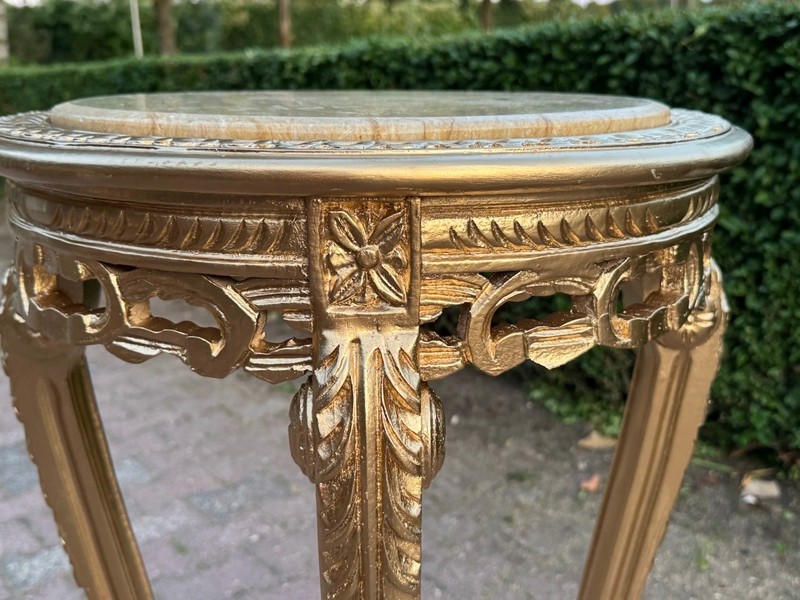 Side Table French Louis XVI 1970s Gold Gilt Beech Marble Round gallery
