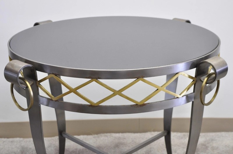 Neoclassical Maison Jansen Style Steel Black Marble Round Bouillotte Side Table gallery