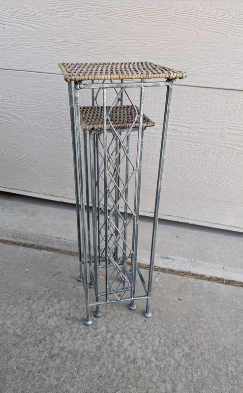Vintage Set 2x Rustic Shabby Chic Wrought Iron Wicker Rattan Plant Stand Tables gallery