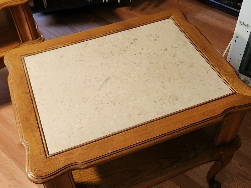 Antique, Vintage Mid Century, Solid Wood End Tables, Marble Inlay tops, clean! gallery