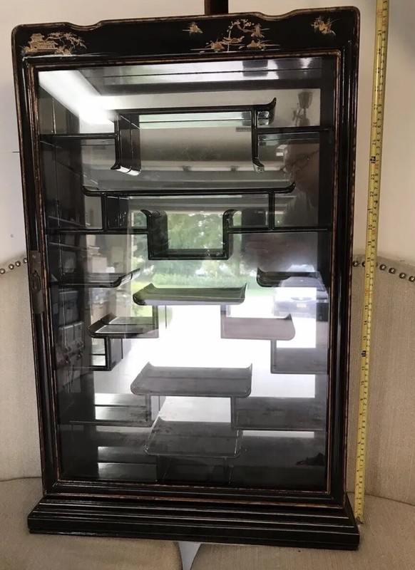 Antique Oriental Lacquered Chinese Hand Painted Wall Shelf Display Cabinet