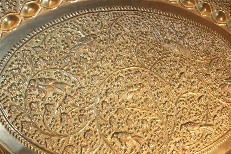 Vintage Moroccan Brass Bird Embossed Oval Tray Folding Small Coffee Table gallery