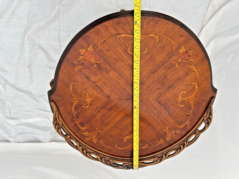 Antique French Table Entry Stand Round Top Floral Hand cut Inlays and fret work gallery