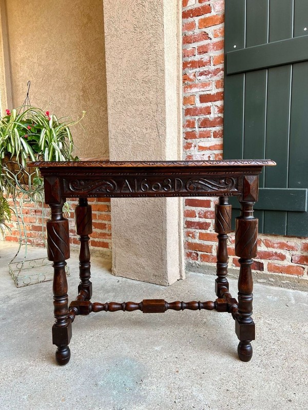 Antique English Carved Oak Hall Sofa Table British Tudor c1900 gallery