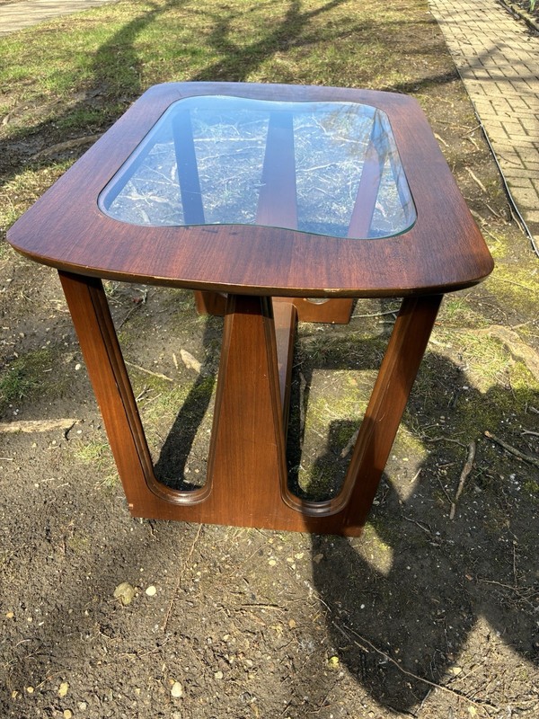 Mid Century Modern Bassett End Side Table Walnut & Glass Insert gallery