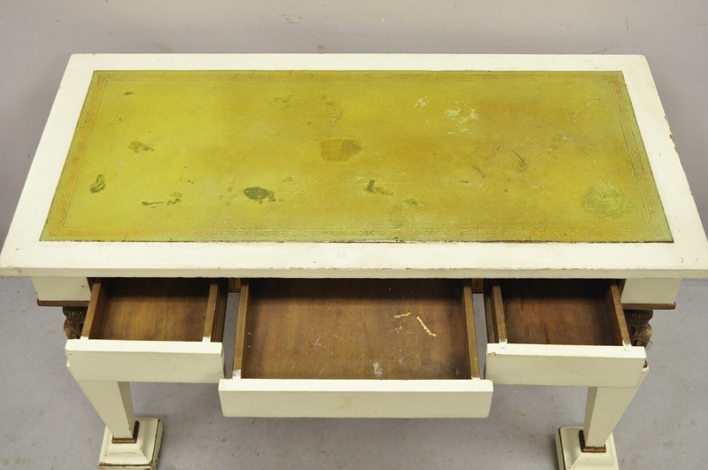 Antique Egyptian Revival Style Green Leather Top Figural 3 Drawer Console Table gallery