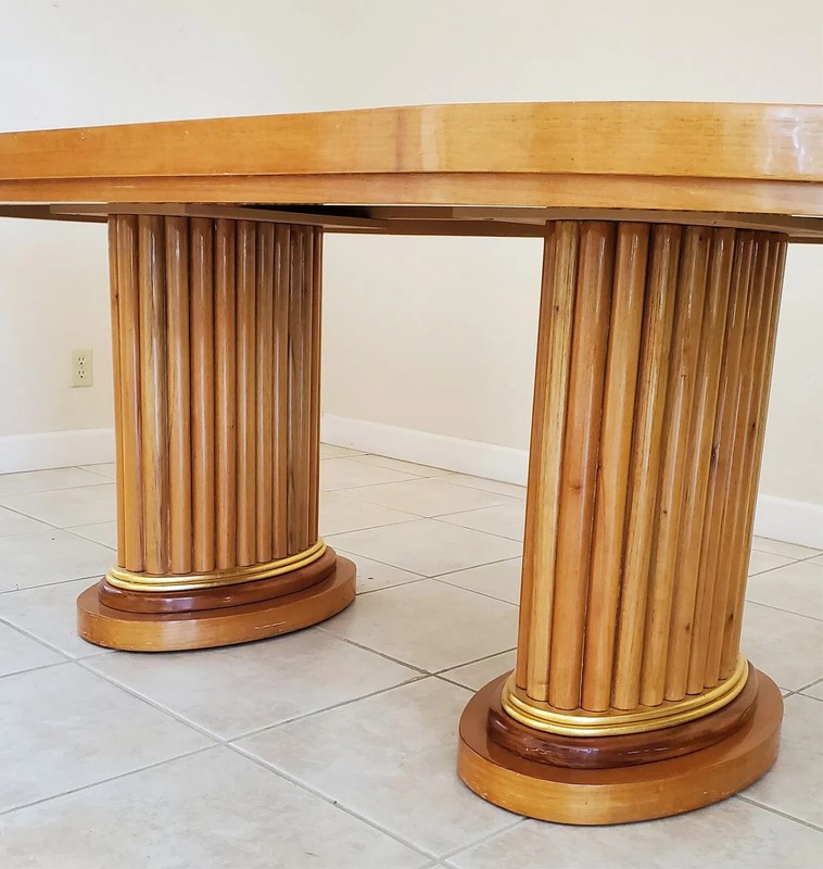 An Art Deco Style Oval Top with Two Fluted Pedestals Blonde Wood Dining Table gallery