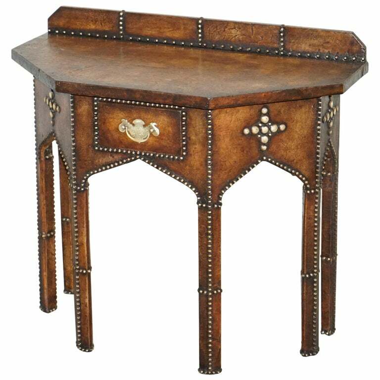 ANTIQUE FULLY RESTORED GOTHIC PUGIN STYLE BROWN LEATHER STUDDED CONSOLE TABLE