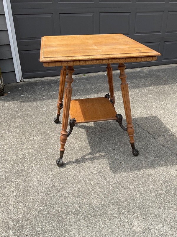Antique Quarter Sawn Oak Parlor Lamp Table w/ Brass Claw Feet & Griffin Dragon