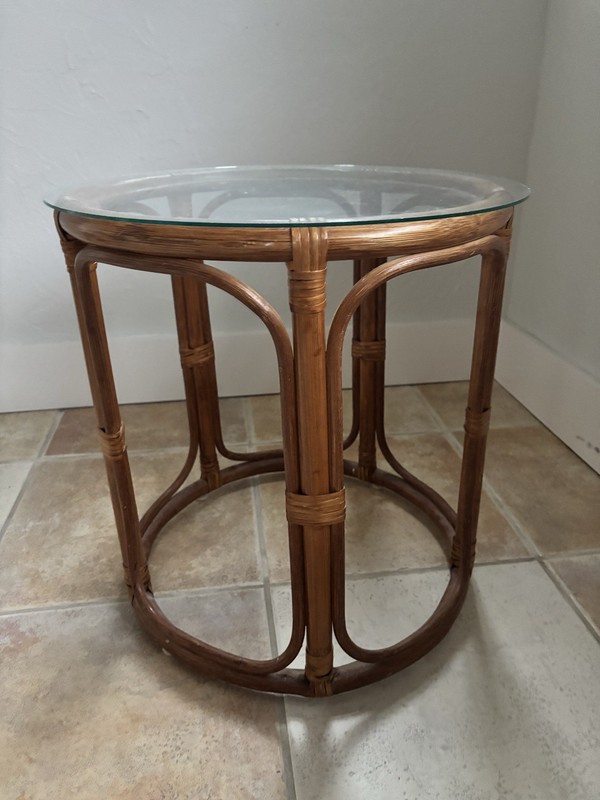 Vintage Rattan Bamboo Round Side End Table Glass Top MCM Tiki Boho Drum