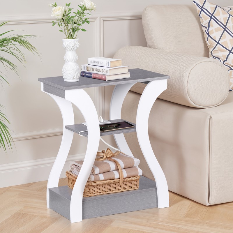 End Side Table with USB Ports Gray&White Nightstand for Bedroom Living Room gallery