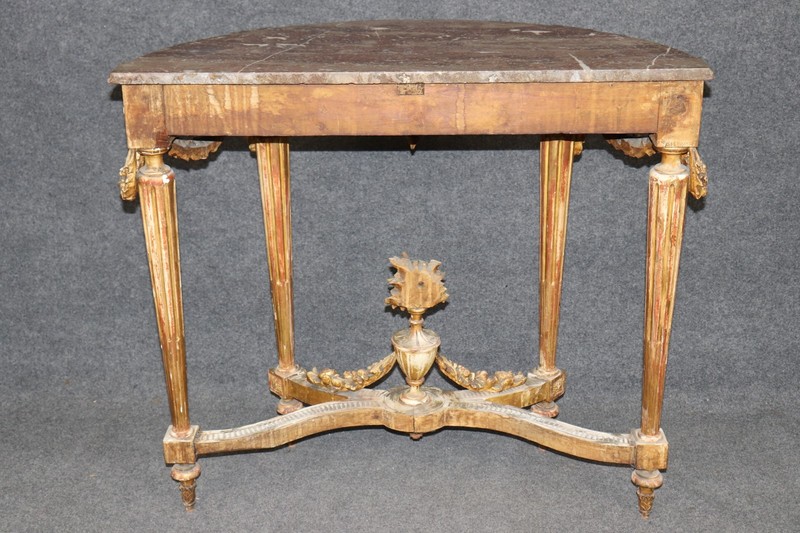 19th Century French Louis XVI Style Distressed Demilune Marble Top Console Table gallery