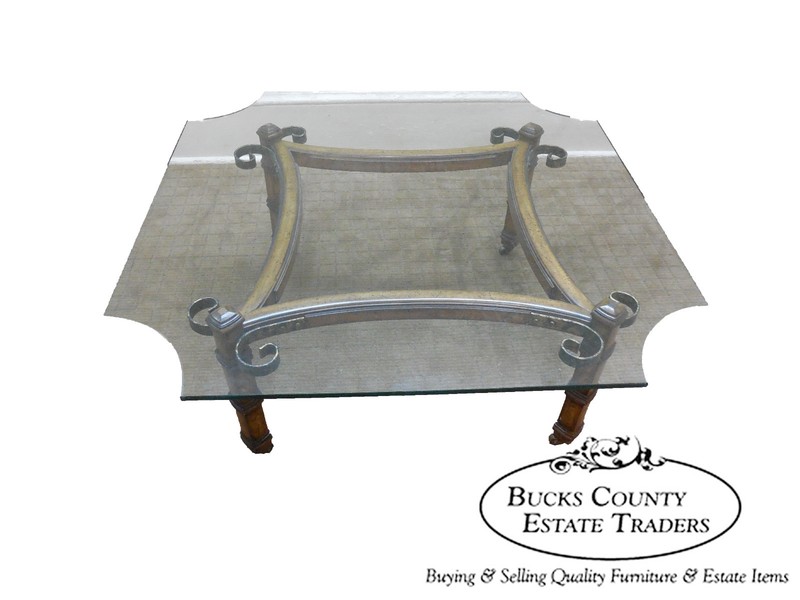 Vintage Spanish Mediterranean Style Walnut Scrolled Metal Glass Top Coffee Table