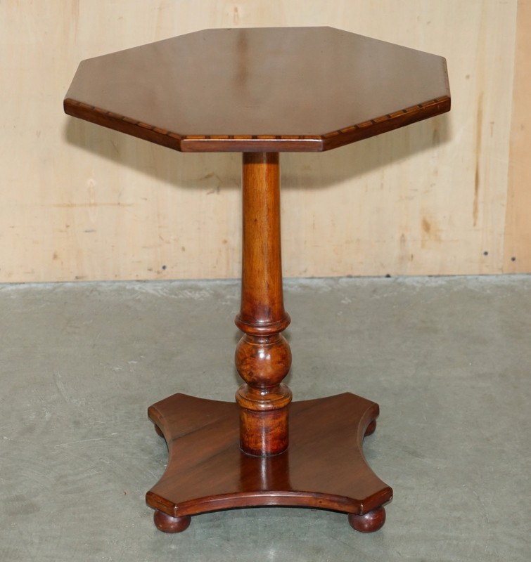 FULLY RESTORED SUBLIME ANTIQUE CIRCA 1880 MAHOGANY INLAID TRIPOD SIDE LAMP TABLE gallery