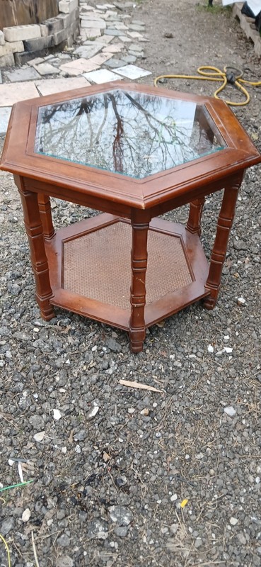 Mid-Century Modern Hexagonal Walnut Side Table With Glass Top & Cane Shelf