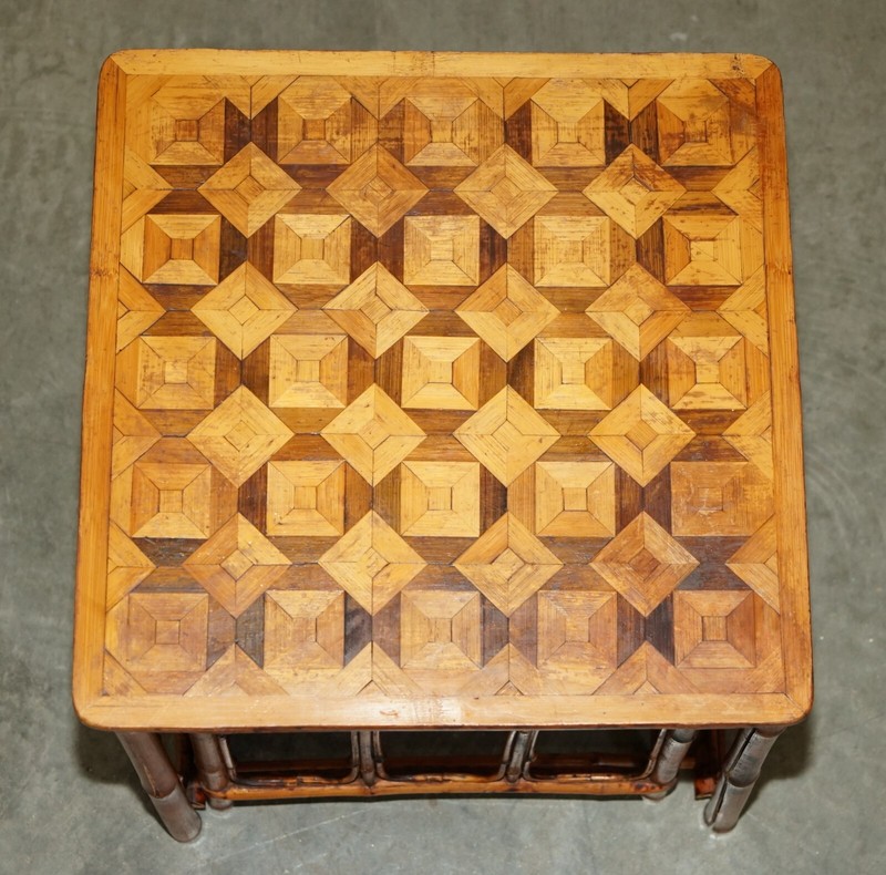 ORIGINAL VICTORIAN BAMBOO PARQUETRY NEST OF TWO TABLES LOVELY INLAID TOPS gallery
